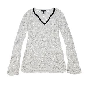 INC International Concepts White Crochet V-Neck Boho Summer Tunic Top Resort L